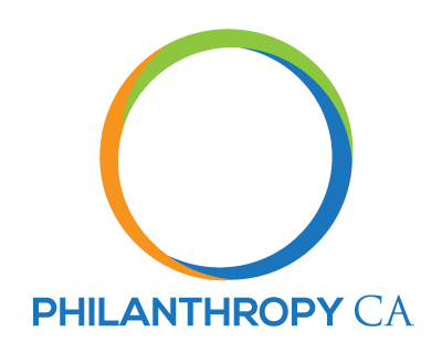 Logo of Philanthropy California, circle with three intertwine colors orange green and blue