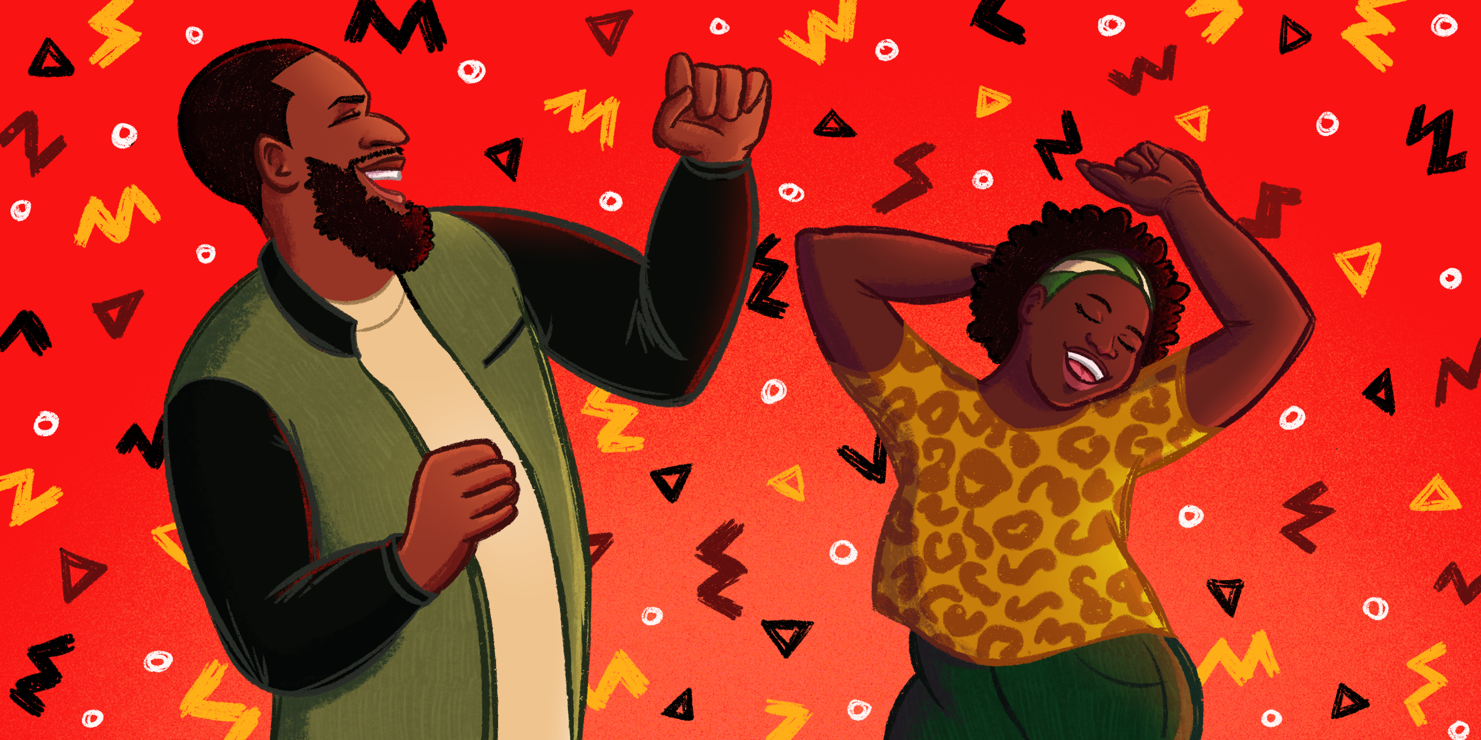 An illustrator of a Black man and a Black woman dancing with their arms in the air. The woman is wearing a cheetah print yellow shirt and black pants. The man is wearing a black and green jacket. The background is red with small squiggly and triangle icons.