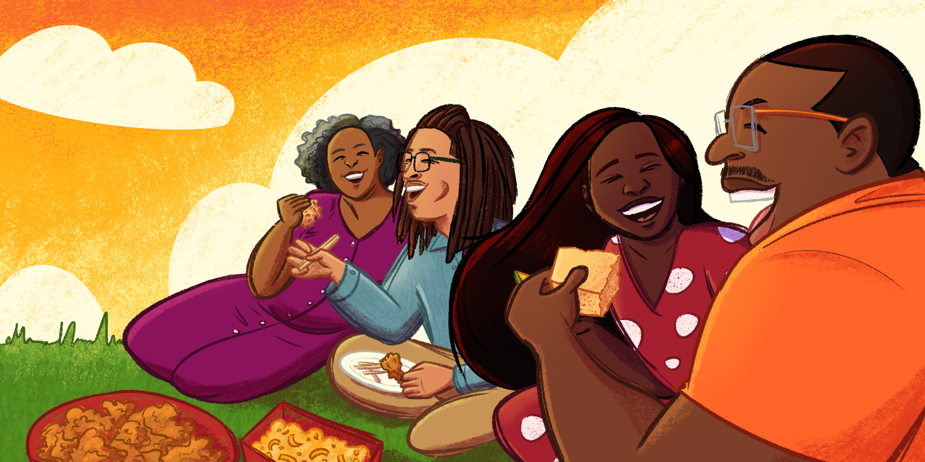 A group of four Black people eating on grass. They are smiling and laughing eating corn break, chicken. There are clouds and a sunset in the background.