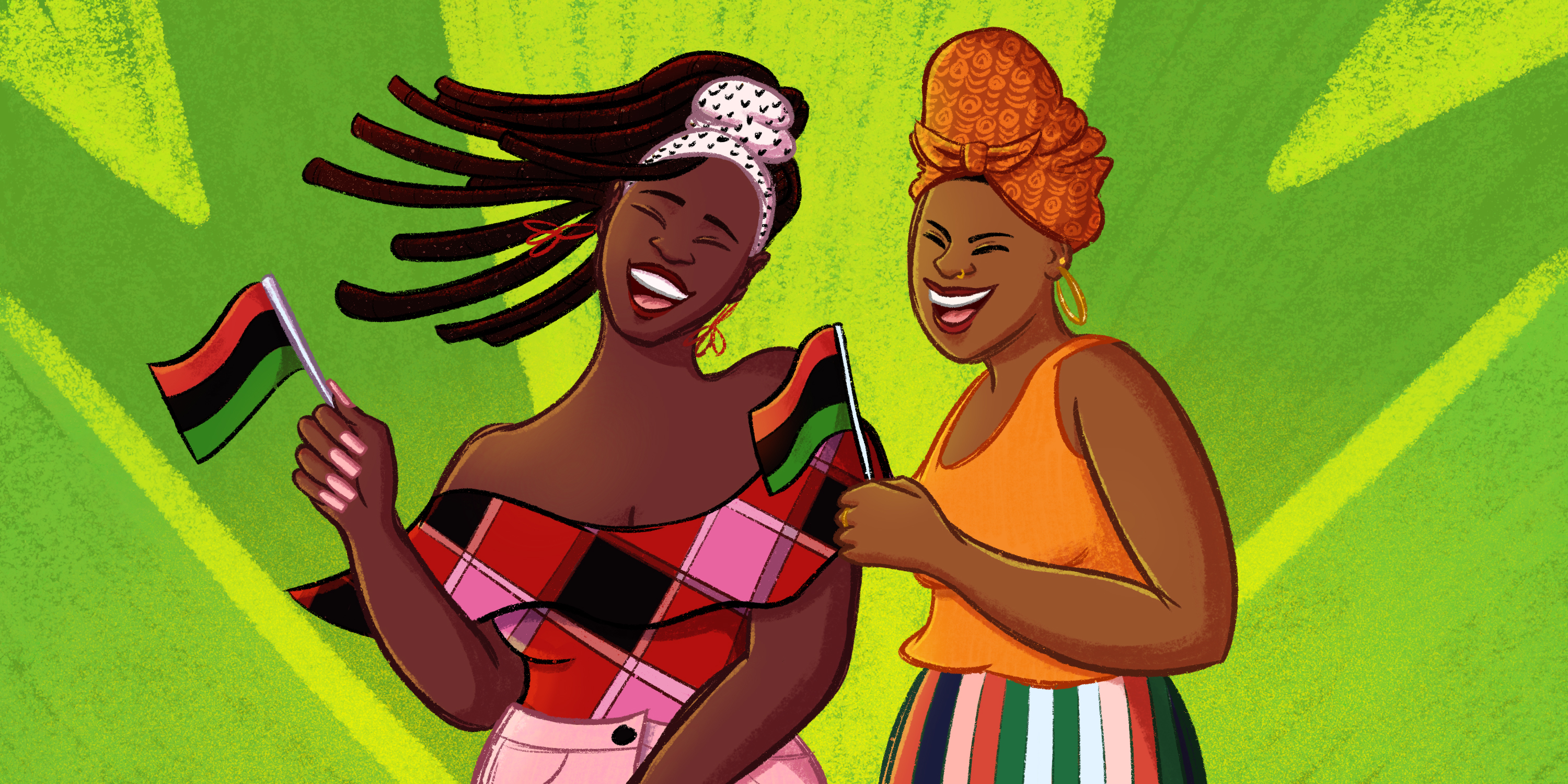 Two Black women laughing waving the pan-African flag. They are wearing head scarfs and colorful clothing. They are in front of a green background.
