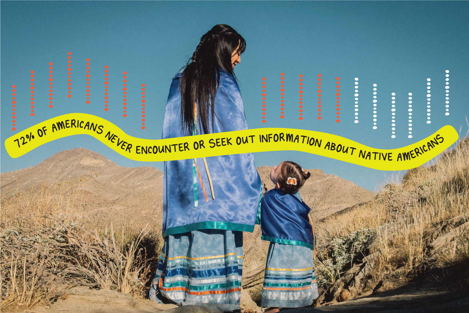 Picture of a Native woman and her child wearing blue dresses with mountains and desert in the background. The text on the image reads: "72% of Americans never encounter or seek out information about Native Americans."
