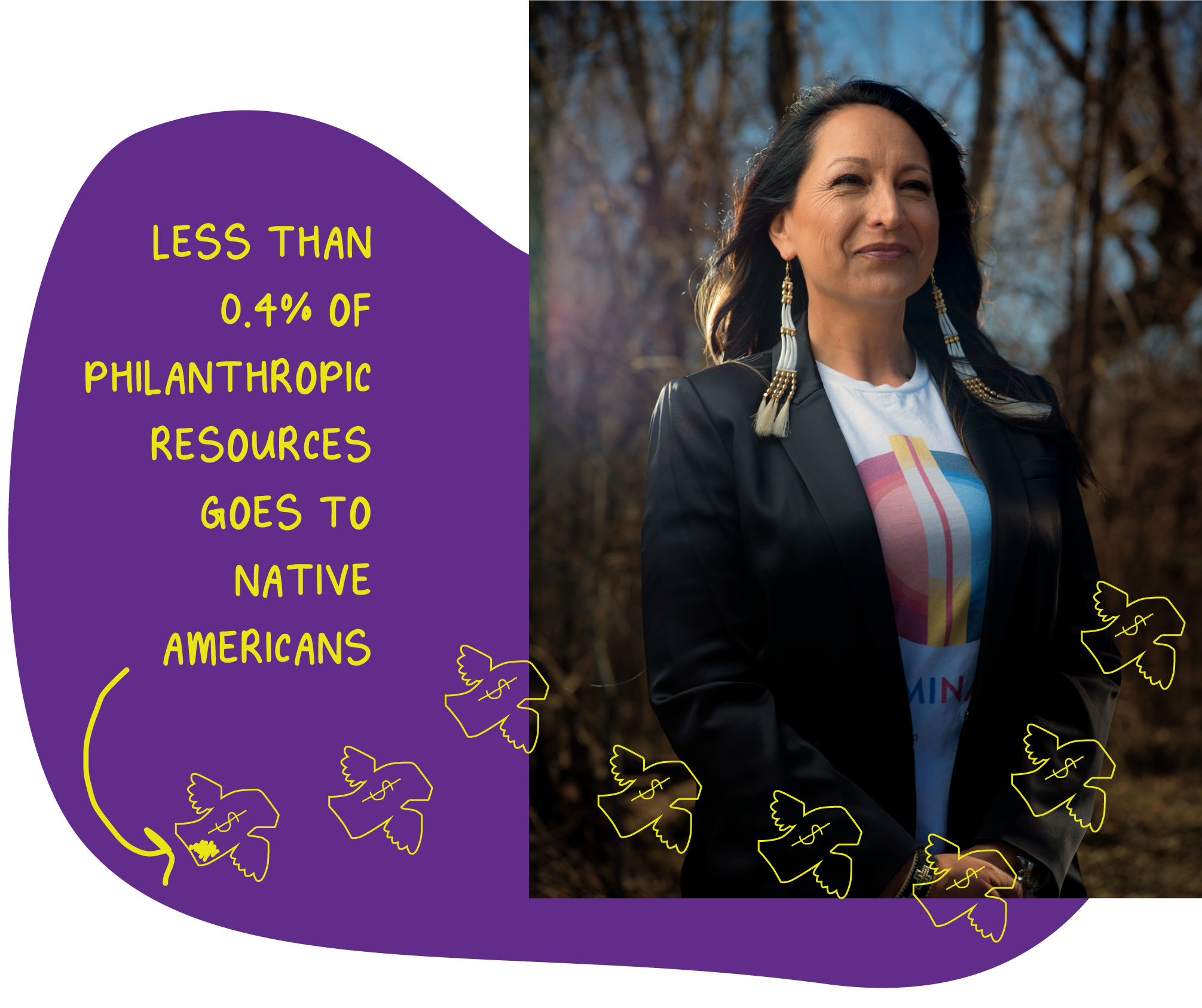 A headshot of Crystal Echo Hawk, Executive Director of Illuminative. The text says "Less than 0.4% of Philanthropic Resources goes to Native Americans."