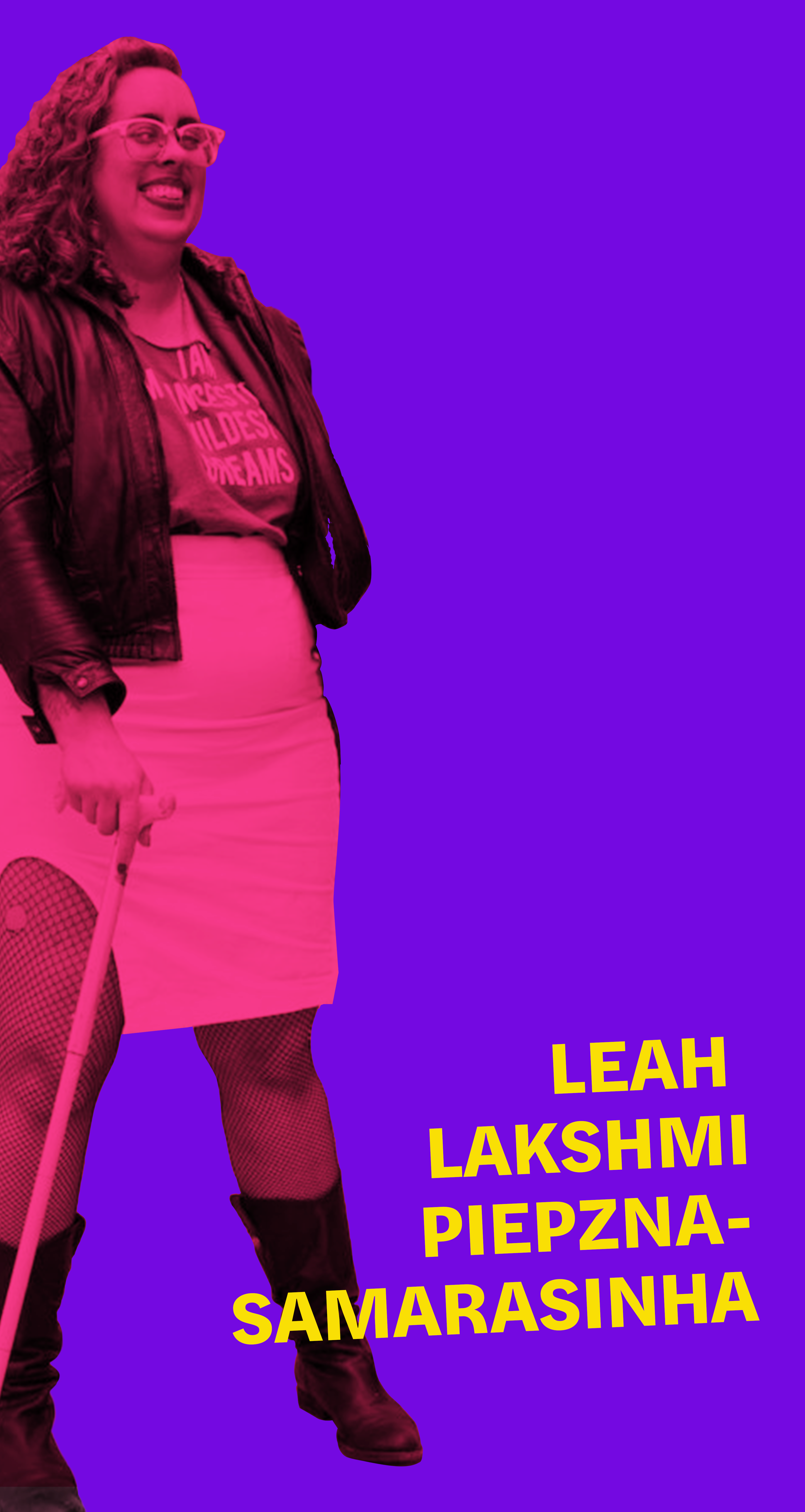 A picture of Leah Lakshmi wearing a black leather jacket, dress, boots, glasses smiling holding a cane.