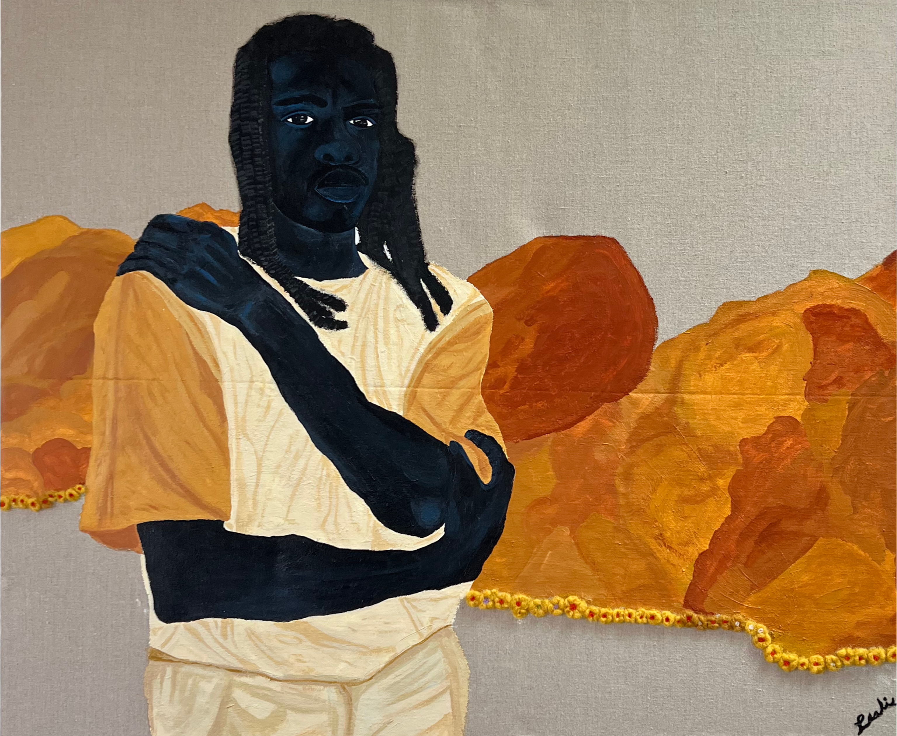 A painting of a Black male with dreads hugging himself wearing a beige and orange shirt. The background has orange pain on canvas.
