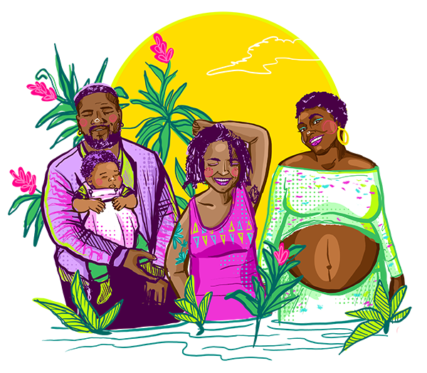 A Black family walking in water with plants and the sun behind them.