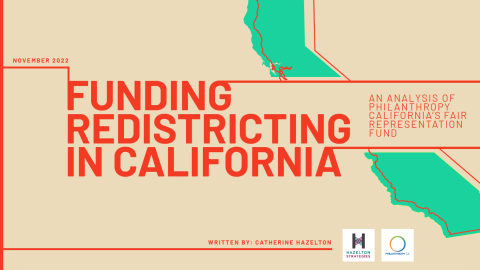 Funding Redistricting In California Report image showcasing the state of California in a teal color against a brown background and red line art.