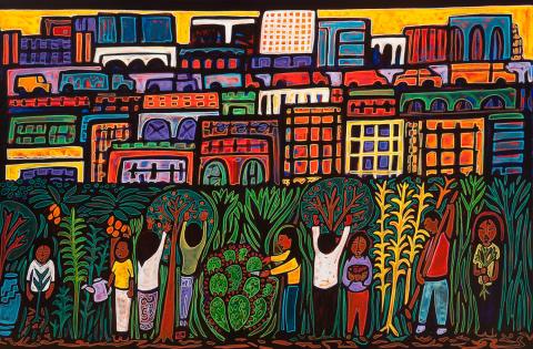 “Jardin in LA” by Jose Ramirez displays at Cal Wellness’ Los Angeles office. An artist and educator, Jose has painted and illustrated numerous murals and children’s books.