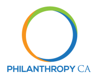 Logo of Philanthropy California, circle with three intertwine colors orange green and blue