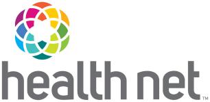"Health net" in grey with a multi-colored lotus flower on top of the "health" word.
