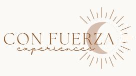 Con Fuerza experiences upside a beige background with an icon of a moon engulfed in a sun logo