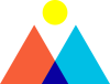 an orange and light blue triangle overlapping at the bottom and a yellow circle floating in the middle