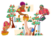 Four illustrations of people picking apples, giving apples, and watering plants.